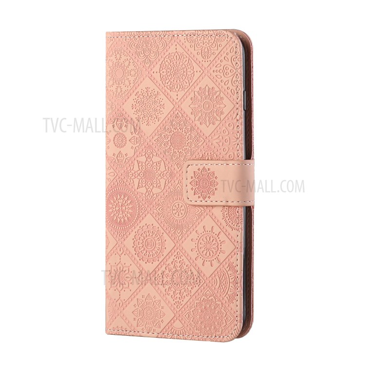For Huawei P smart 2021/Y7a Imprinted Flower Wallet Leather Magnet Clasp Case with Strap - Pink-2
