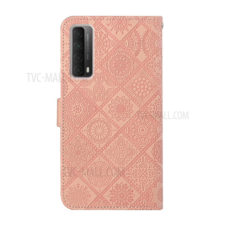 For Huawei P smart 2021/Y7a Imprinted Flower Wallet Leather Magnet Clasp Case with Strap - Pink-3