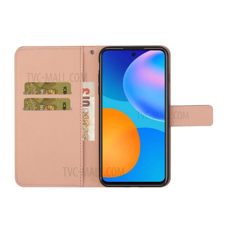 For Huawei P smart 2021/Y7a Imprinted Flower Wallet Leather Magnet Clasp Case with Strap - Pink-5
