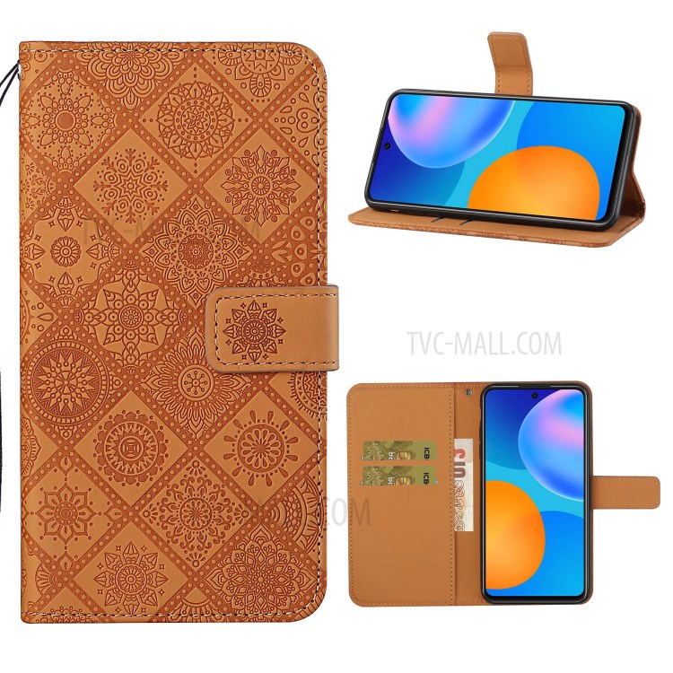 For Huawei P smart 2021/Y7a Imprinted Flower Wallet Leather Magnet Clasp Case with Strap - Brown-1