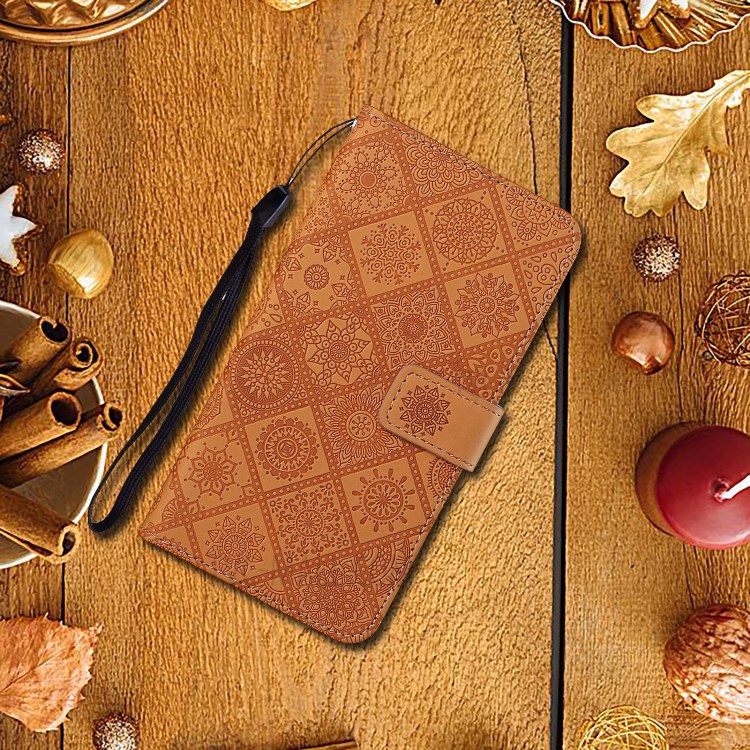 For Huawei P smart 2021/Y7a Imprinted Flower Wallet Leather Magnet Clasp Case with Strap - Brown-10