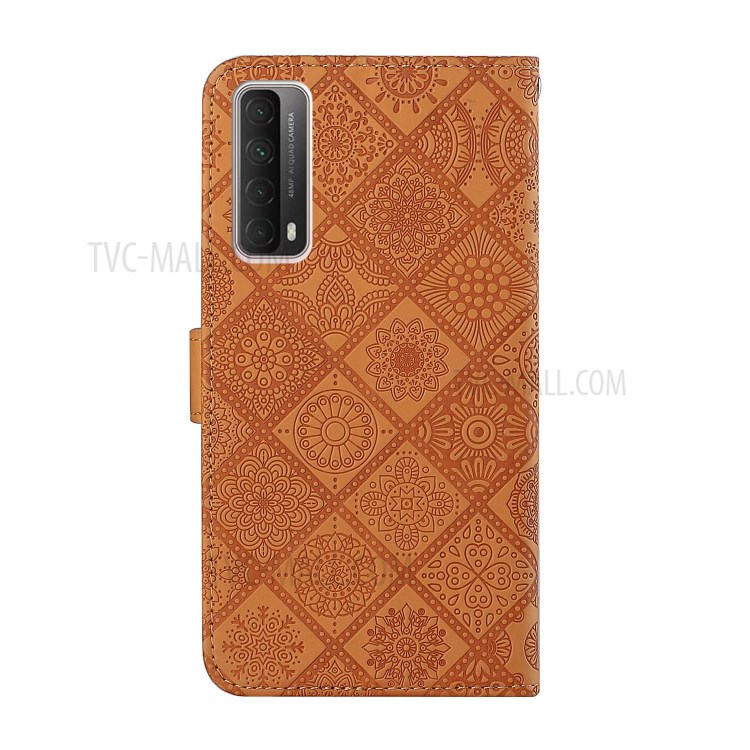 For Huawei P smart 2021/Y7a Imprinted Flower Wallet Leather Magnet Clasp Case with Strap - Brown-3