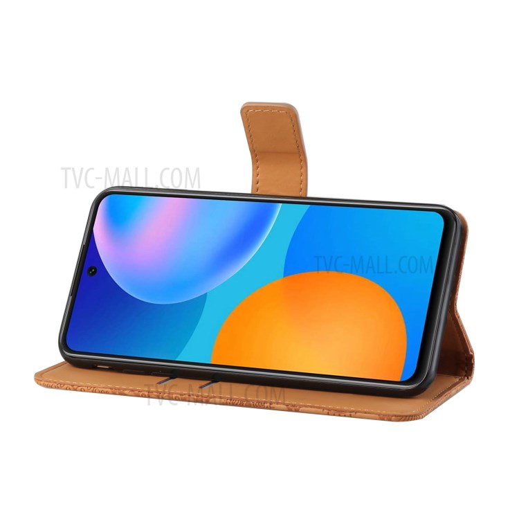 For Huawei P smart 2021/Y7a Imprinted Flower Wallet Leather Magnet Clasp Case with Strap - Brown-4