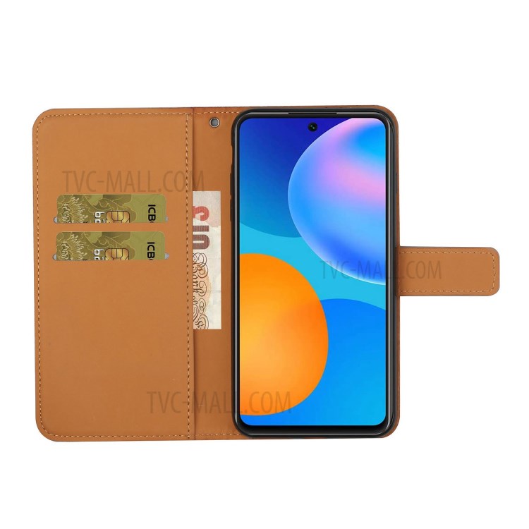 For Huawei P smart 2021/Y7a Imprinted Flower Wallet Leather Magnet Clasp Case with Strap - Brown-5