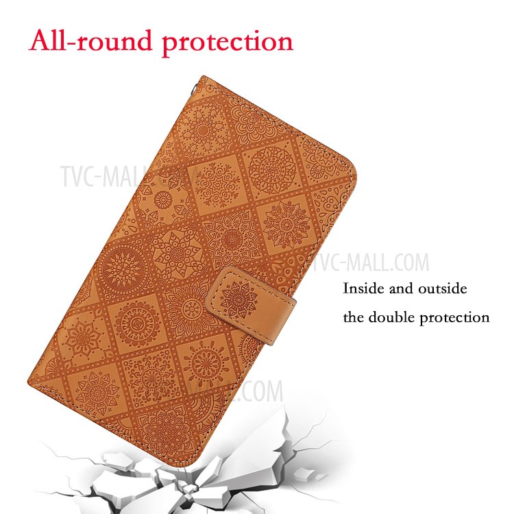 For Huawei P smart 2021/Y7a Imprinted Flower Wallet Leather Magnet Clasp Case with Strap - Brown-7