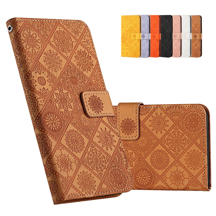 For Huawei P smart 2021/Y7a Imprinted Flower Wallet Leather Magnet Clasp Case with Strap - Brown-8