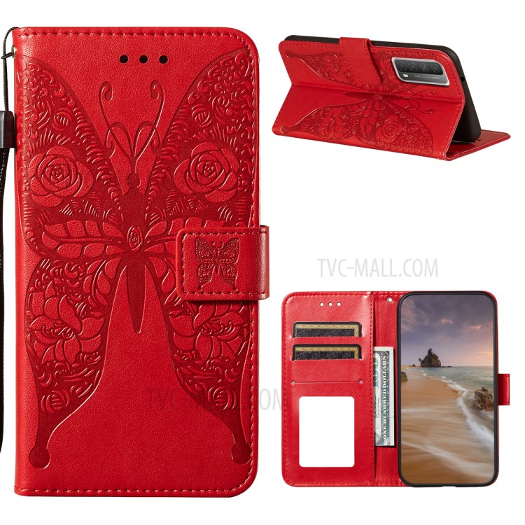 Imprinted Rose Flower Butterflies Pattern Leather Stand Phone Case for Huawei P smart 2021/Y7a - Red-1