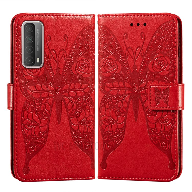 Imprinted Rose Flower Butterflies Pattern Leather Stand Phone Case for Huawei P smart 2021/Y7a - Red-2