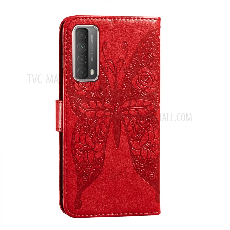 Imprinted Rose Flower Butterflies Pattern Leather Stand Phone Case for Huawei P smart 2021/Y7a - Red-4