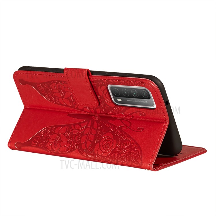 Imprinted Rose Flower Butterflies Pattern Leather Stand Phone Case for Huawei P smart 2021/Y7a - Red-6