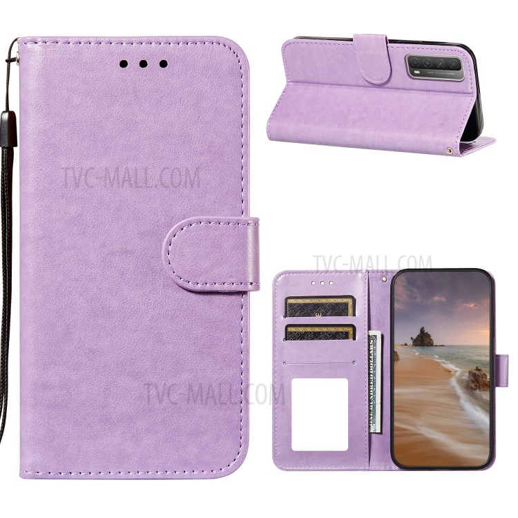 Dual-sided Magnetic Clasp Leather Wallet Stand Phone Case with Lanyard for Huawei P smart 2021/Y7a - Purple-1