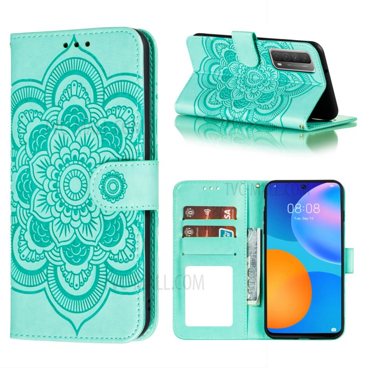 Imprint Mandala Flower Stand Wallet Leather Phone Cover Case with Lanyard for Huawei P smart 2021/Y7a - Green-1