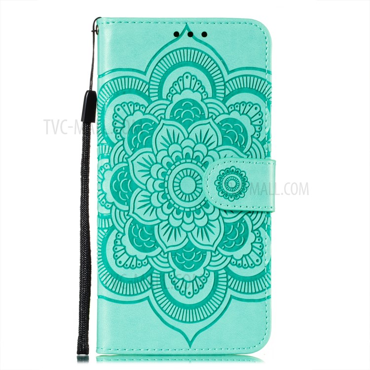 Imprint Mandala Flower Stand Wallet Leather Phone Cover Case with Lanyard for Huawei P smart 2021/Y7a - Green-2