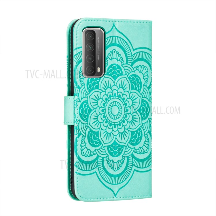Imprint Mandala Flower Stand Wallet Leather Phone Cover Case with Lanyard for Huawei P smart 2021/Y7a - Green-3
