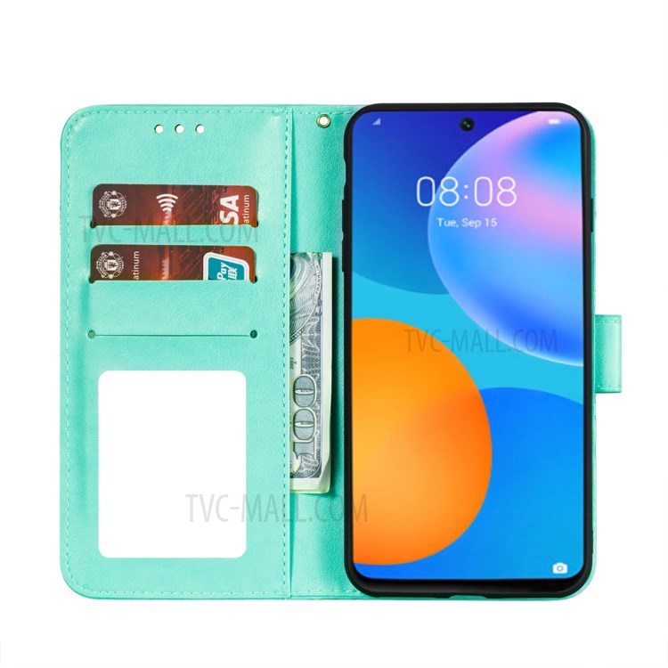 Imprint Mandala Flower Stand Wallet Leather Phone Cover Case with Lanyard for Huawei P smart 2021/Y7a - Green-4