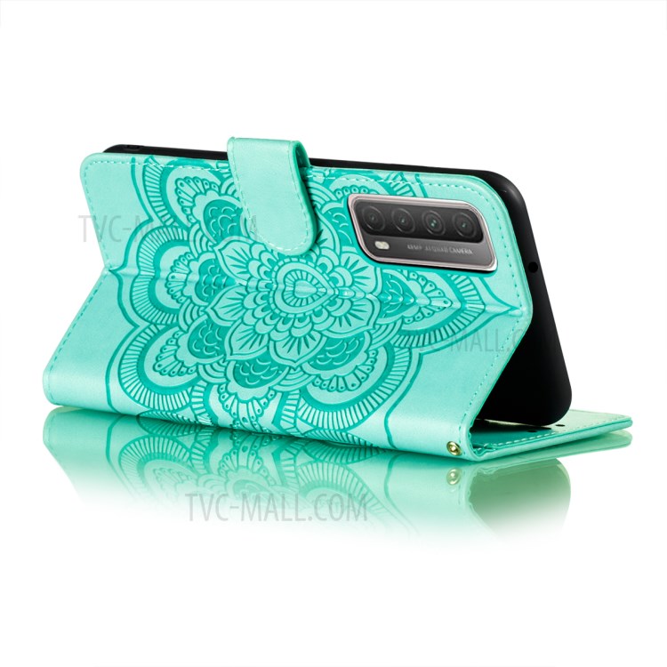 Imprint Mandala Flower Stand Wallet Leather Phone Cover Case with Lanyard for Huawei P smart 2021/Y7a - Green-5