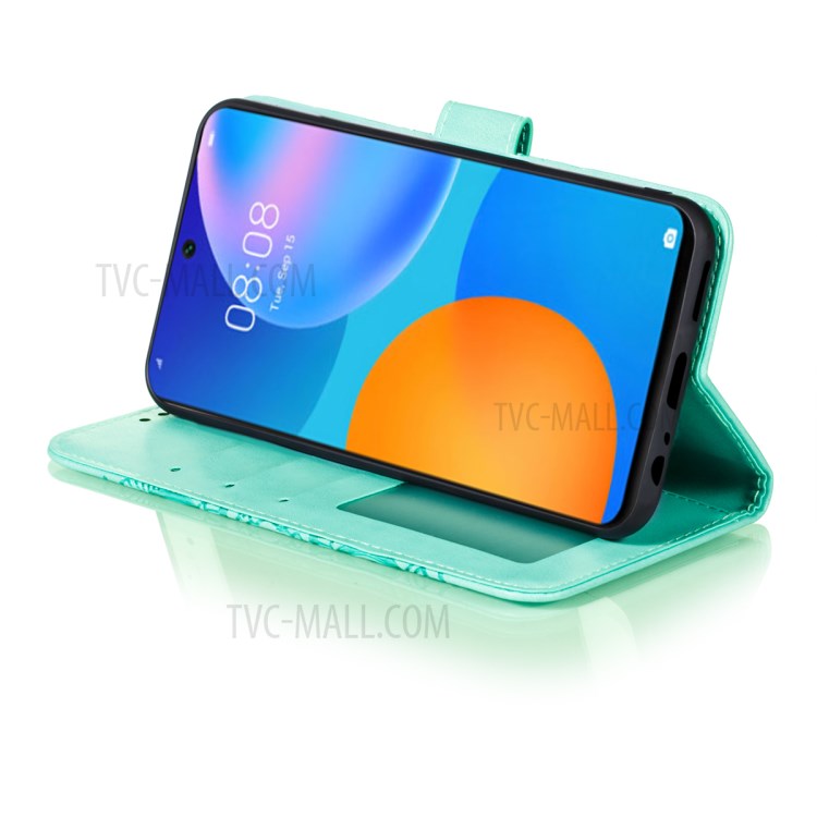 Imprint Mandala Flower Stand Wallet Leather Phone Cover Case with Lanyard for Huawei P smart 2021/Y7a - Green-6