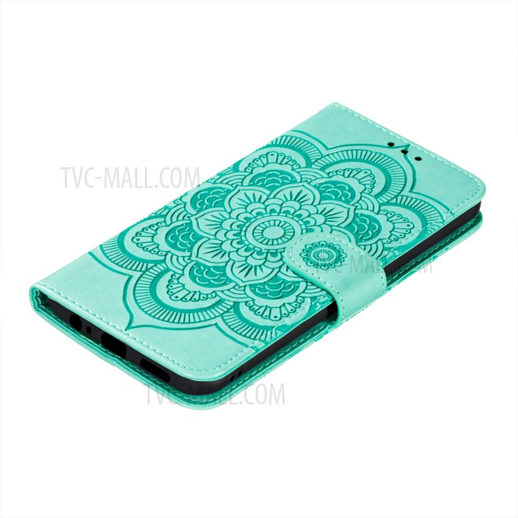 Imprint Mandala Flower Stand Wallet Leather Phone Cover Case with Lanyard for Huawei P smart 2021/Y7a - Green-7