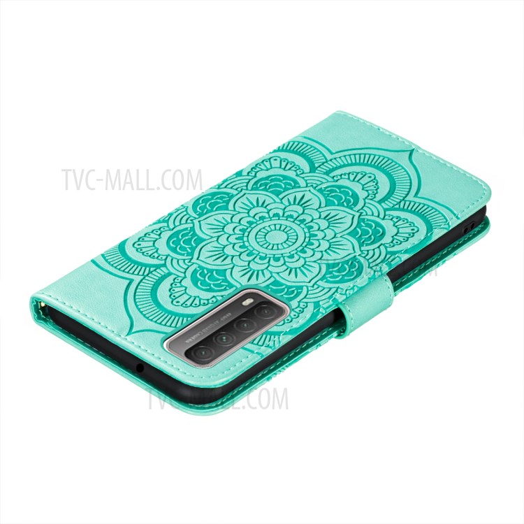 Imprint Mandala Flower Stand Wallet Leather Phone Cover Case with Lanyard for Huawei P smart 2021/Y7a - Green-8