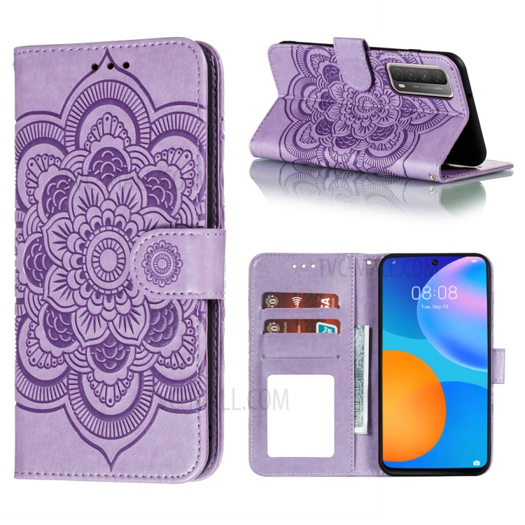 Imprint Mandala Flower Stand Wallet Leather Phone Cover Case with Lanyard for Huawei P smart 2021/Y7a - Purple-1