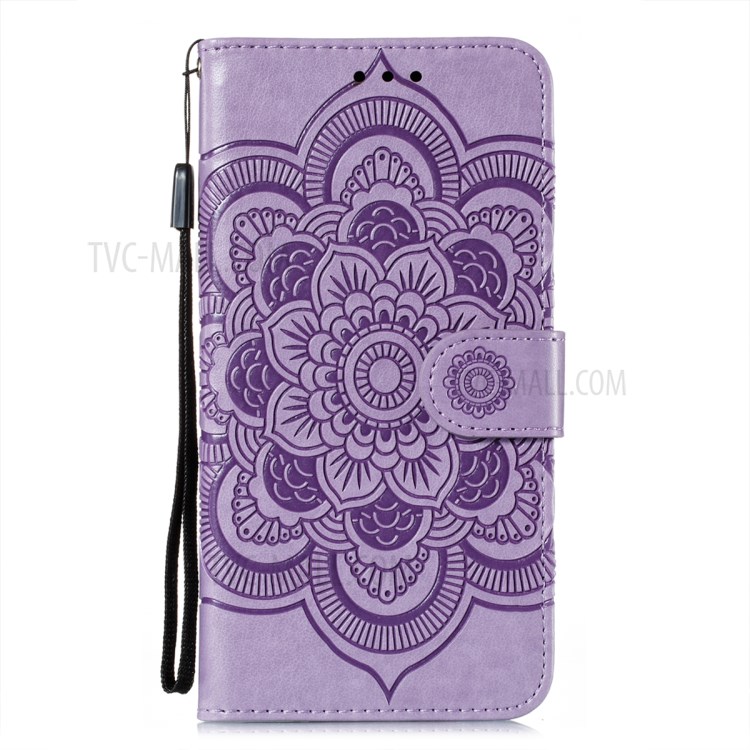 Imprint Mandala Flower Stand Wallet Leather Phone Cover Case with Lanyard for Huawei P smart 2021/Y7a - Purple-2