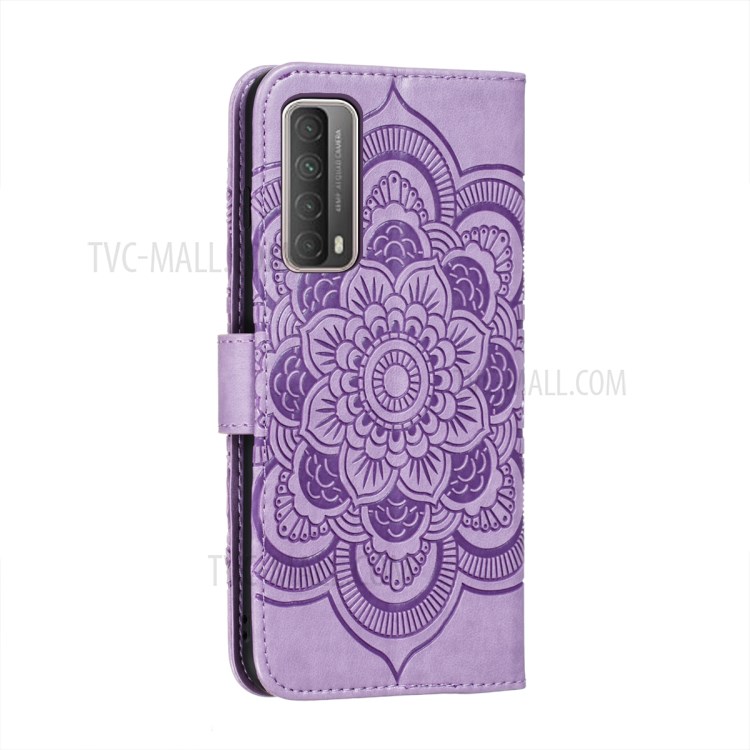 Imprint Mandala Flower Stand Wallet Leather Phone Cover Case with Lanyard for Huawei P smart 2021/Y7a - Purple-3
