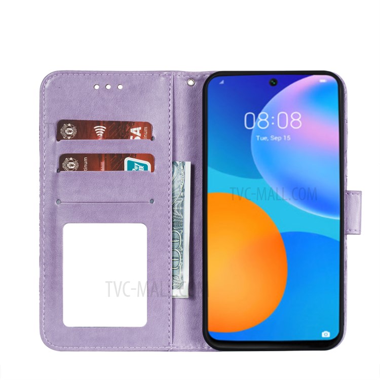 Imprint Mandala Flower Stand Wallet Leather Phone Cover Case with Lanyard for Huawei P smart 2021/Y7a - Purple-4