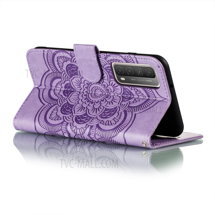 Imprint Mandala Flower Stand Wallet Leather Phone Cover Case with Lanyard for Huawei P smart 2021/Y7a - Purple-5