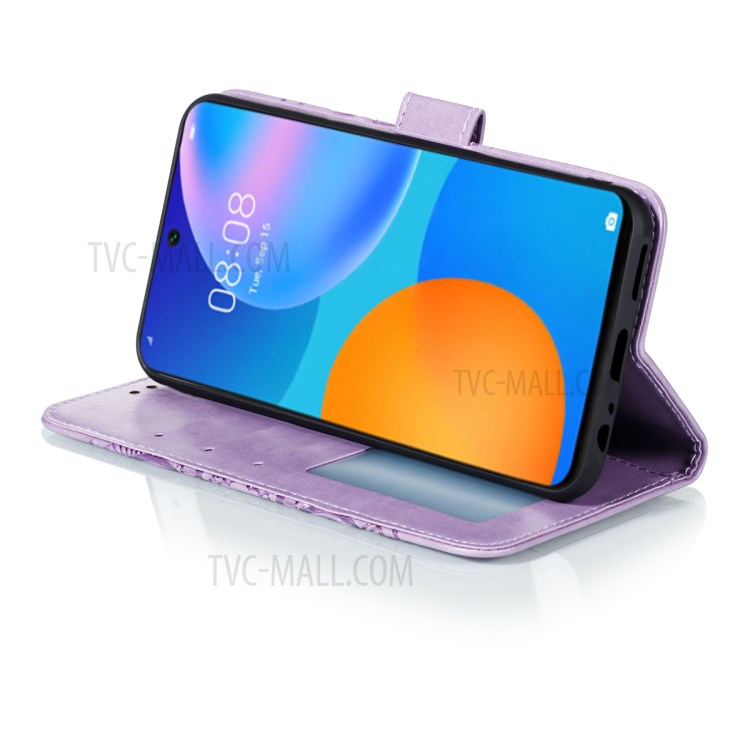 Imprint Mandala Flower Stand Wallet Leather Phone Cover Case with Lanyard for Huawei P smart 2021/Y7a - Purple-6
