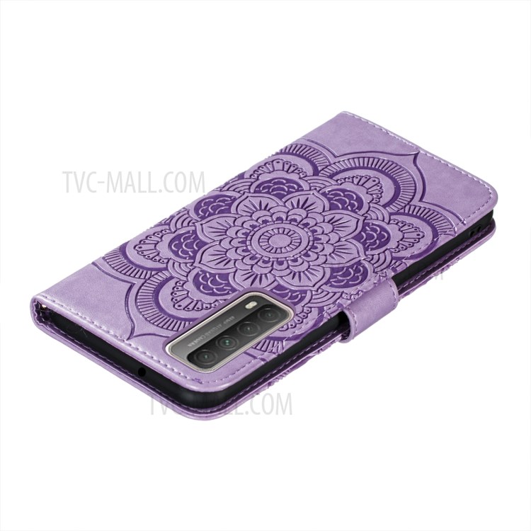 Imprint Mandala Flower Stand Wallet Leather Phone Cover Case with Lanyard for Huawei P smart 2021/Y7a - Purple-8