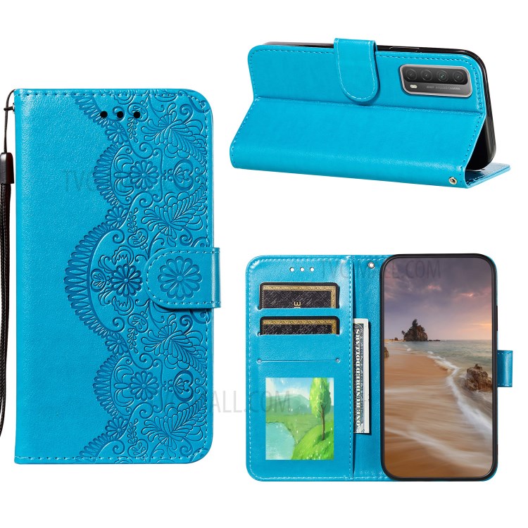 Wallet Stand Flower Vine Imprinting Leather Case with Lanyard for Huawei P smart 2021/Y7a - Blue-1