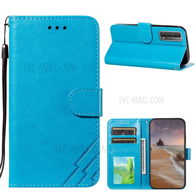 Full Protection Imprint Design Leather Wallet Stand Phone Cover Case for Huawei P smart 2021/Y7a - Blue-1