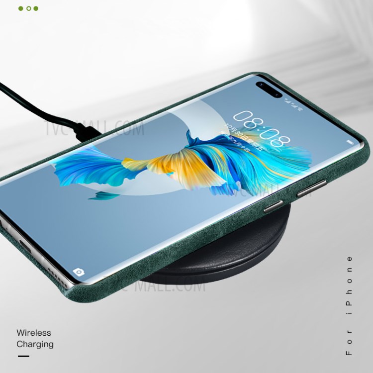 XOOMZ Hard PC Back Case Coated with Plush Surface Genuine Leather for Huawei Mate 40 - Green-11