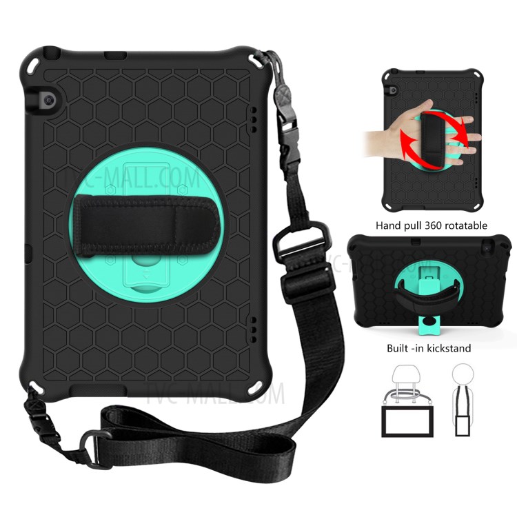 Tablet Case with 360 Degree Swivel Hand Pull + Kickstand + Shoulder Strap for Huawei MediaPad T5 10.1 Honeycomb Texture Tablet Cover Case - Black/Cyan-1