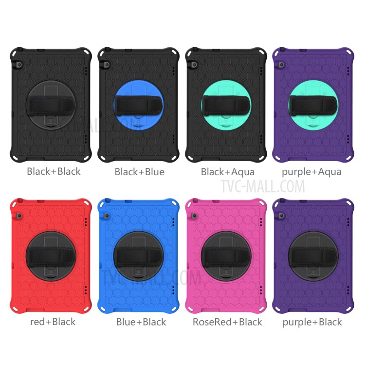 Tablet Case with 360 Degree Swivel Hand Pull + Kickstand + Shoulder Strap for Huawei MediaPad T5 10.1 Honeycomb Texture Tablet Cover Case - Black/Cyan-3