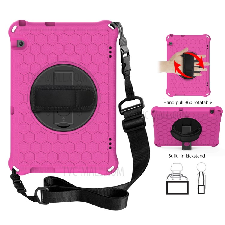 Tablet Case with 360 Degree Swivel Hand Pull + Kickstand + Shoulder Strap for Huawei MediaPad T5 10.1 Honeycomb Texture Tablet Cover Case - Rose/Black-1