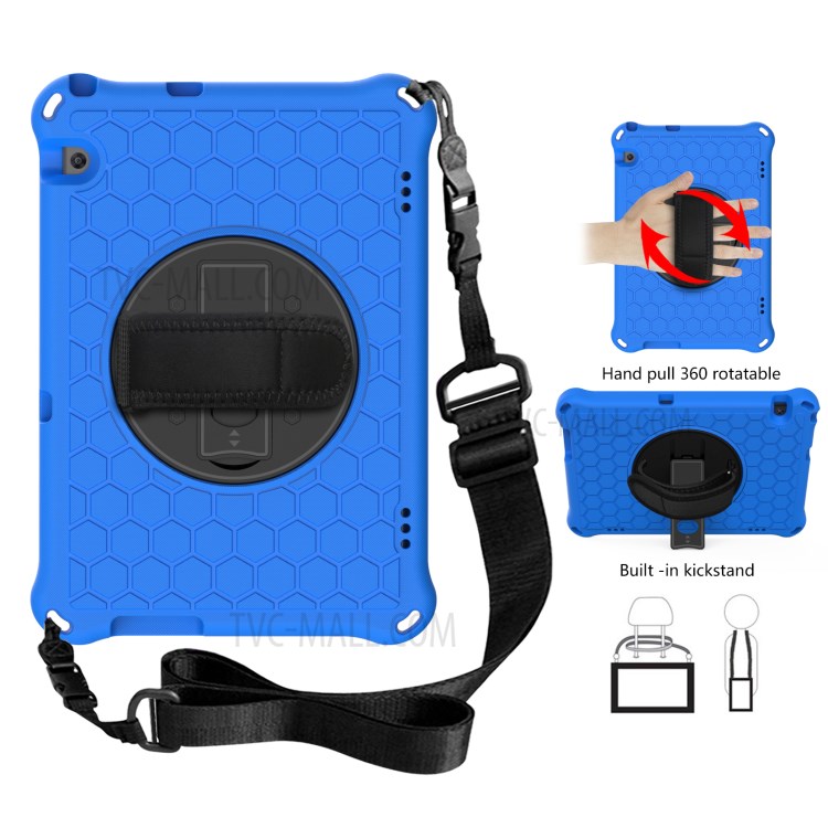 Tablet Case with 360 Degree Swivel Hand Pull + Kickstand + Shoulder Strap for Huawei MediaPad T5 10.1 Honeycomb Texture Tablet Cover Case - Blue/Black-1