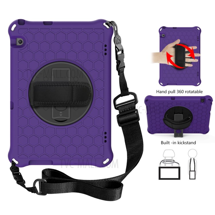 Tablet Case with 360 Degree Swivel Hand Pull + Kickstand + Shoulder Strap for Huawei MediaPad T5 10.1 Honeycomb Texture Tablet Cover Case - Purple/Black-1
