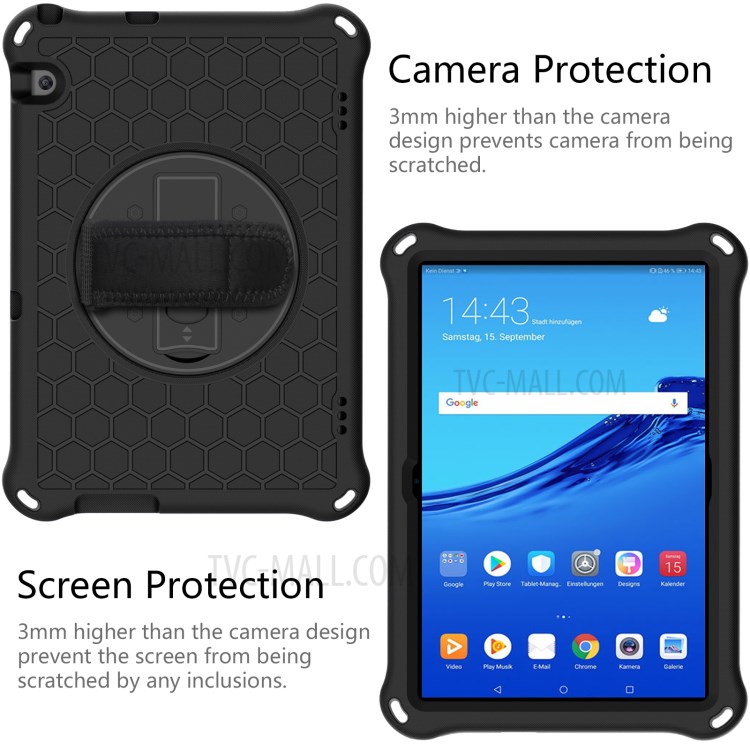 EVA Tablet Protector with Handy Strap + Kickstand for Huawei MediaPad T5 10.1 Honeycomb Texture Case - All Black-3