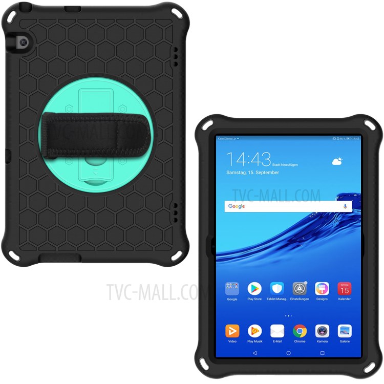 EVA Tablet Protector with Handy Strap + Kickstand for Huawei MediaPad T5 10.1 Honeycomb Texture Case - Black/Cyan-1