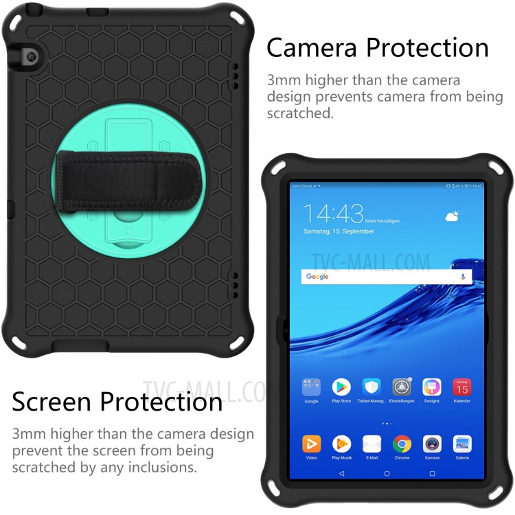 EVA Tablet Protector with Handy Strap + Kickstand for Huawei MediaPad T5 10.1 Honeycomb Texture Case - Black/Cyan-3