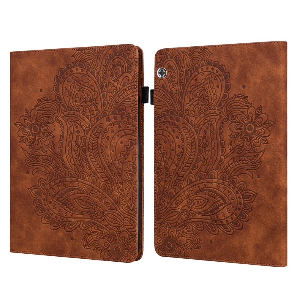 Imprinted Flower Pattern Leather Wallet Stand Tablet Protective Case for Huawei MediaPad T5 10.1 - Brown-1