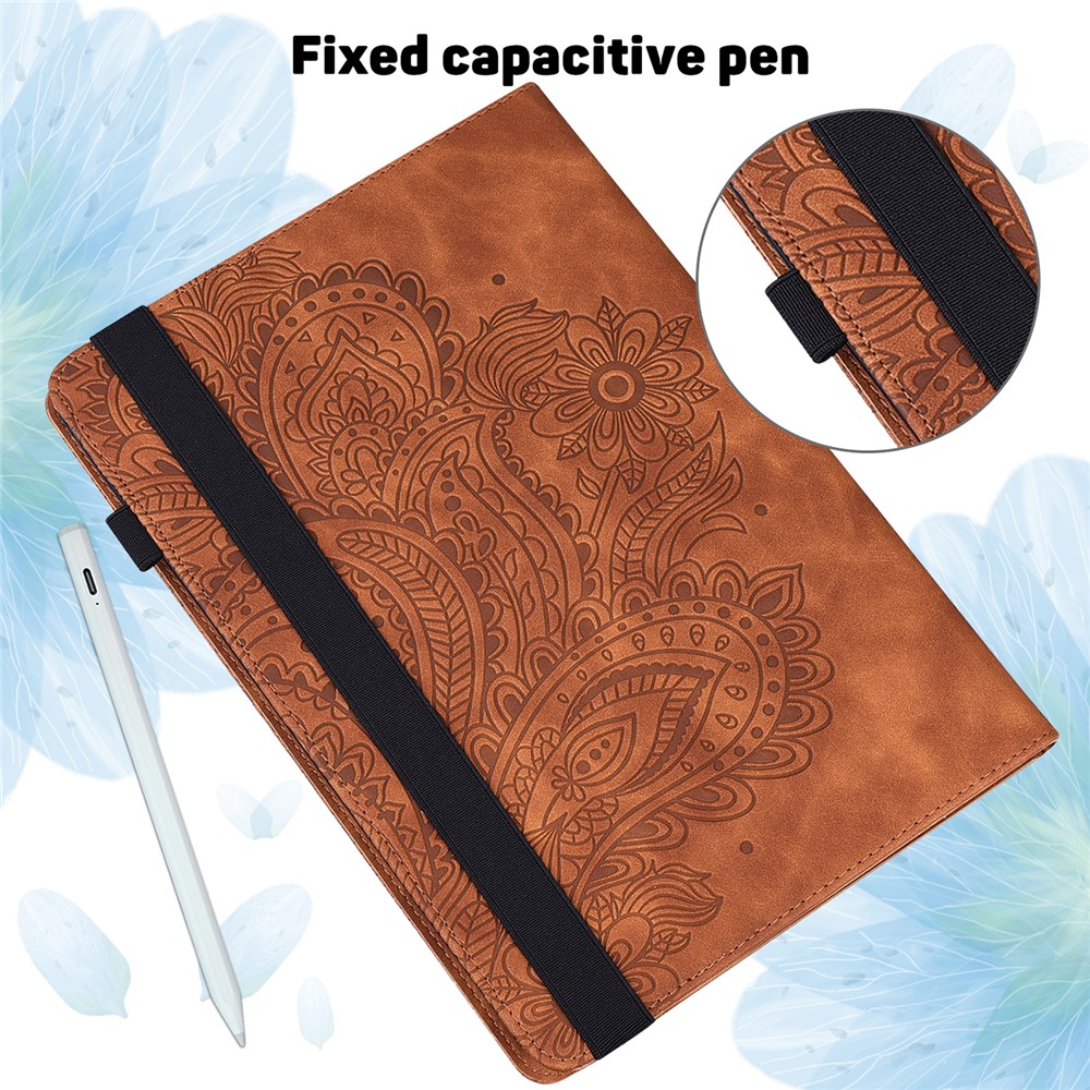 Imprinted Flower Pattern Leather Wallet Stand Tablet Protective Case for Huawei MediaPad T5 10.1 - Brown-5