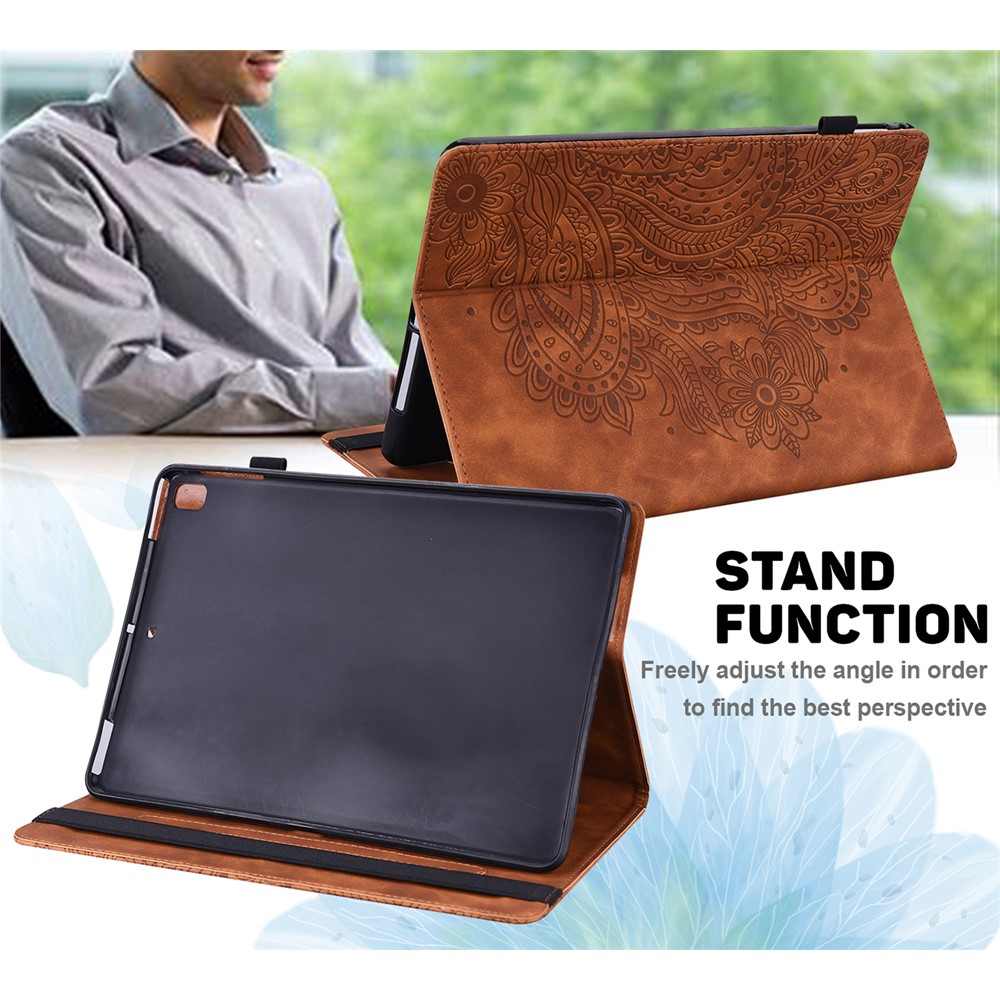 Imprinted Flower Pattern Leather Wallet Stand Tablet Protective Case for Huawei MediaPad T5 10.1 - Brown-8