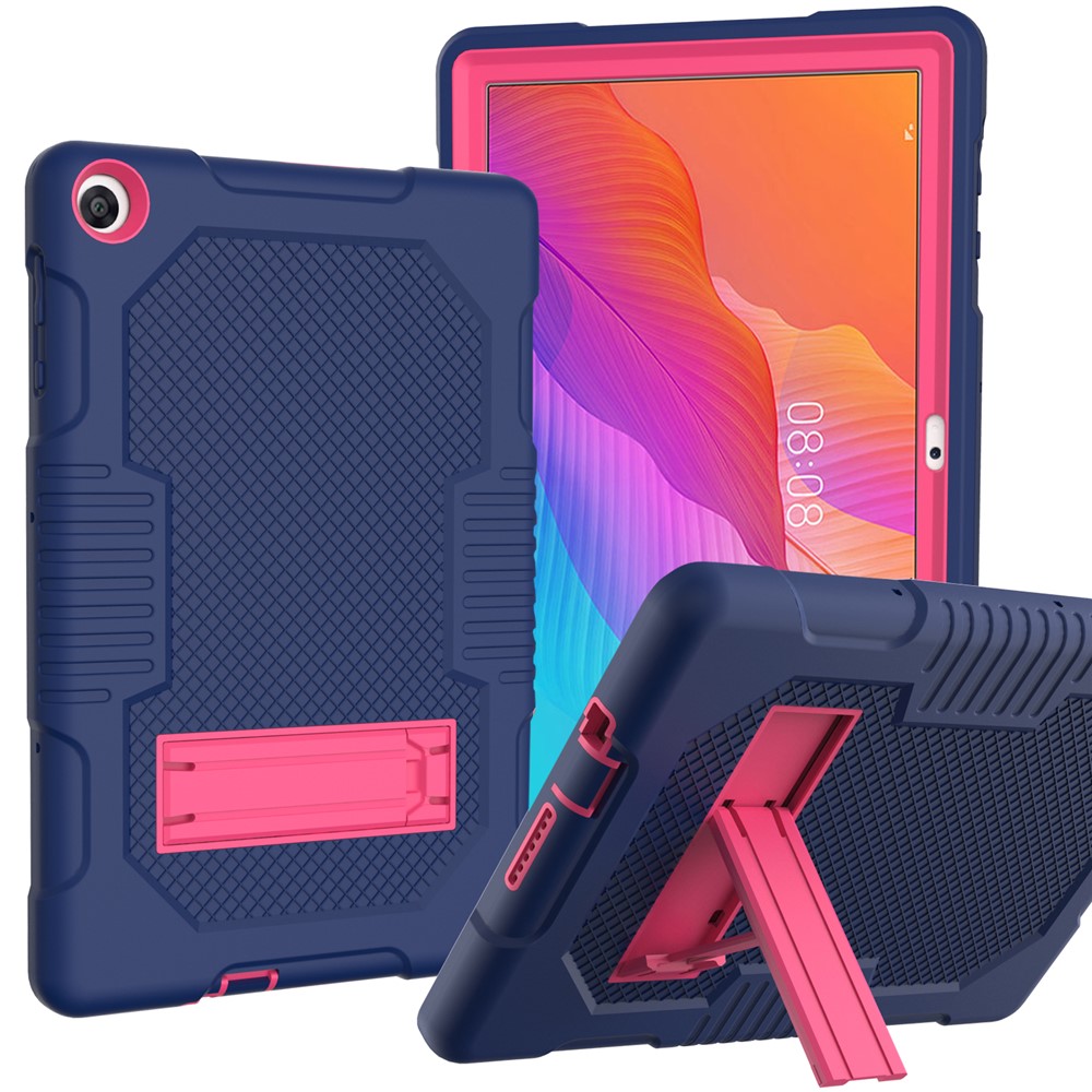 Slide-Out Kickstand Design Contrast Color PC + TPU + Silicone Tablet Cover Case for Huawei MatePad T10S - Dark Blue/Rose-1