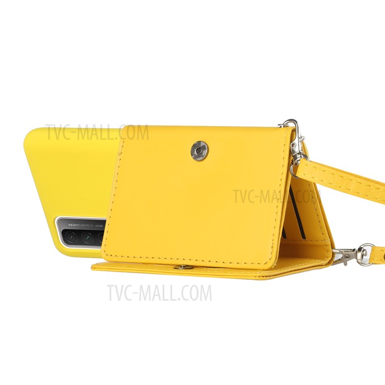 Leather Wallet Kickstand Phone Cover Case with Shoulder Strap for Huawei P Smart 2021 / Huawei Y7a - Yellow-4