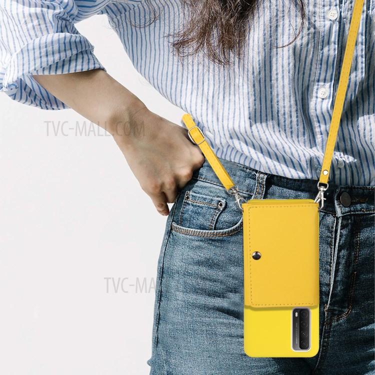 Leather Wallet Kickstand Phone Cover Case with Shoulder Strap for Huawei P Smart 2021 / Huawei Y7a - Yellow-5