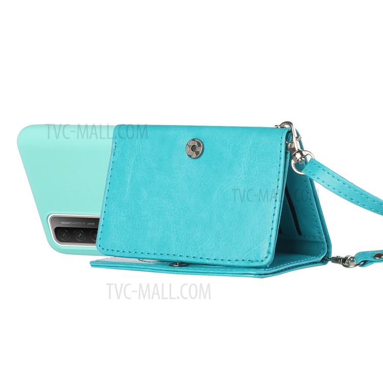 Leather Wallet Kickstand Phone Cover Case with Shoulder Strap for Huawei P Smart 2021 / Huawei Y7a - Baby Blue-4