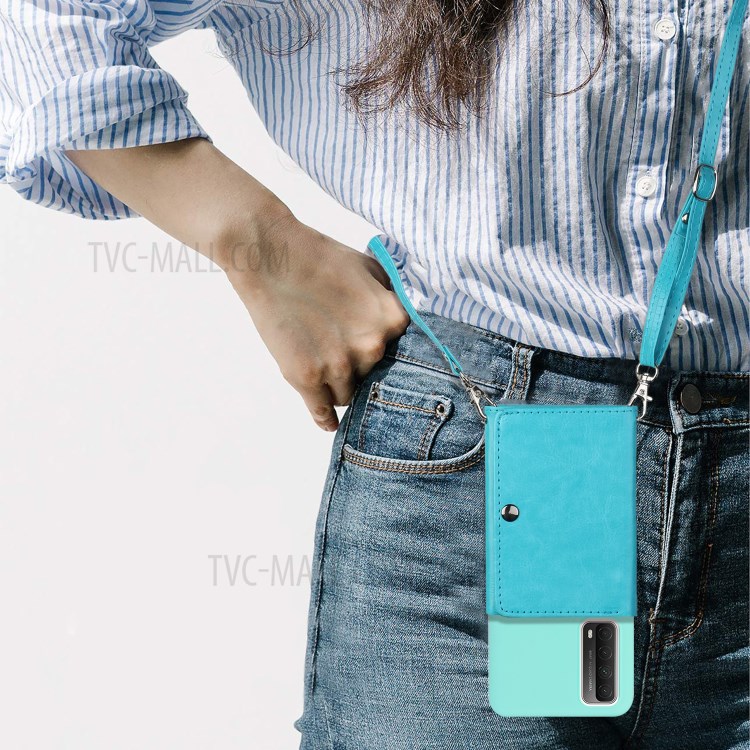 Leather Wallet Kickstand Phone Cover Case with Shoulder Strap for Huawei P Smart 2021 / Huawei Y7a - Baby Blue-5