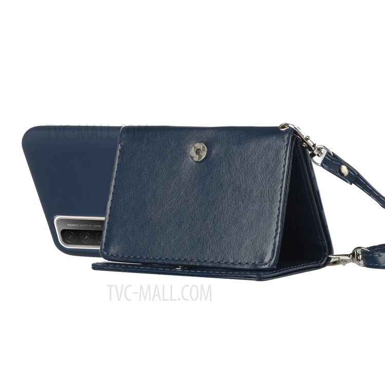 Leather Wallet Kickstand Phone Cover Case with Shoulder Strap for Huawei P Smart 2021 / Huawei Y7a - Dark Blue-4
